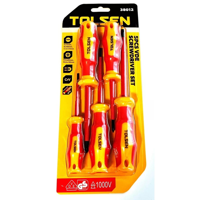 TOLSEN 5pc VDE 1000V ELECTRICIAN'S INSULATED SCREWDRIVER SET PHILLIPS #38012