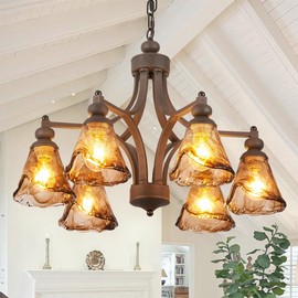 Lanpesting Vintage Farmhouse Chandelier, 27 Inch Adjustable Amber Glass Rust-Finish Metal Pendant Light Fixture for Living Room, Bedroom, Dining Room, Kitchen Lighting (6-Light)