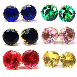 14K Gold Plated Birthstone Stud Earrings Stainless Steel CZ Stud Earrings for Women, Coloful Round Cubic Zirconia Stud Earrings, CZ Earrings Set 6mm
