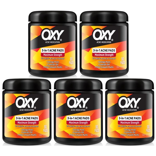 OXY Maximum Action 3-In-1 Treatment Pads 90 ea (Pack of 5)
