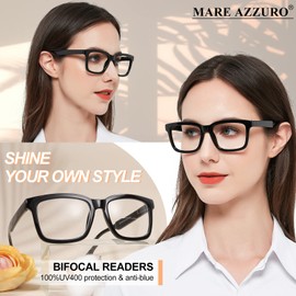 MARE AZZURO Large Square Bifocal Reading Glasses +3.5 Women Blue Light Blocking Readers 1.00 1.25 1.50 1.75 2.00 2.25 2.50 2.75 3.00 3.50 (Black, 3.5)