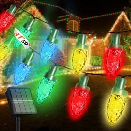L LAMPOP Solar Christmas Lights Outdoor Waterproof C7 50 LED Ultra Bright Strawberry Fairy String Lights 8 Modes Solar Lights for Outside Garden Patio Wedding Party Christmas Decoration(Multicolor)