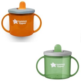 Two Free-Flow First Cup Sippy Cups | 4m+ Baby Trainer Cups | Leak-Proof Fold-Down Spout | Easy-Grip Handles | Orange & Green | 2-Pack