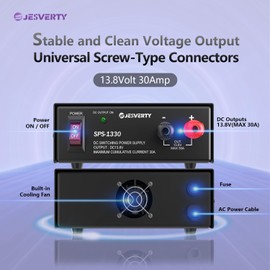 Jesverty Universal Compact Bench Power Supply - 30 Amp Regulated Home Lab Benchtop AC-to-DC Converter for CB/HAM/Amateur Radio with 13.8V Fixed OutputScrew-Type Terminals, Cooling Fan - SPS-1330