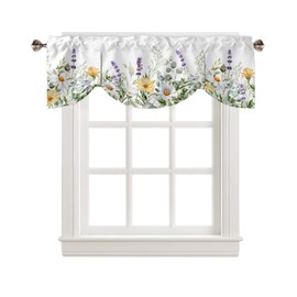 YOKOU Kitchen Tie Up Curtain Valance, Lavender Daisy Flower Eucalyptus Leaves Watercolor Floral Spring Short Rod Pocket Window Curtain for Bedroom, Bathroom, 1 Panel, 54" W x 18" L
