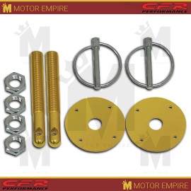 CFR Performance 2x Gold Aluminum Hood Pin Kit 1/4" Flip Over Ring 1/2 x 4" Steel Pin Scuff Plate
