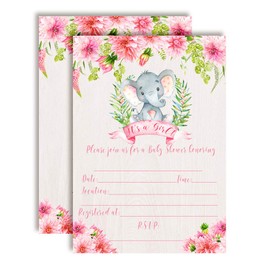 Watercolor Dahlia Floral Elephant-Themed Baby Girl Sprinkle Shower Invitations, 20 5"x7" Fill in Cards with Twenty White Envelopes by AmandaCreation