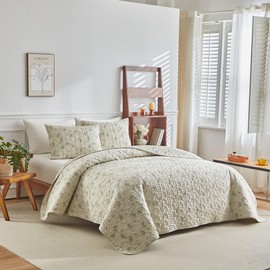 mixinni Beige Floral Queen Size Quilt Bedding Sets with Pillow Shams, Lightweight Soft Bedspread Coverlet Set, Boho Quilted Comforter Bed Cover for All Season-(90"x96", 1 Quilt+ 2 Pillow Shams)