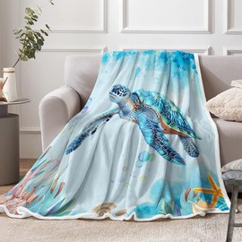 Turtle Blanket, Sea Animal Turtle Throw Blanket Kids' Blankets Throws Sea Turtle Gifts for Women Aqua Teal Blue Super Soft Starfish Throw Blanket for Couch Sofa Bed Turtle Shell Blanket(50"x 60")