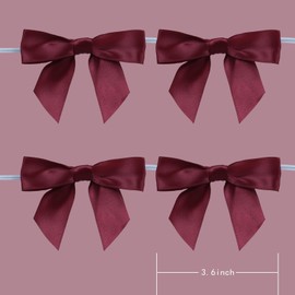 Meetppy 50PCS Burgundy Satin Ribbon Twist Tie Bows 3.6" Pretied Bows Wine Premade Craft Bows for Wedding Crafts Wrapping Candy Treat Bags Decoration