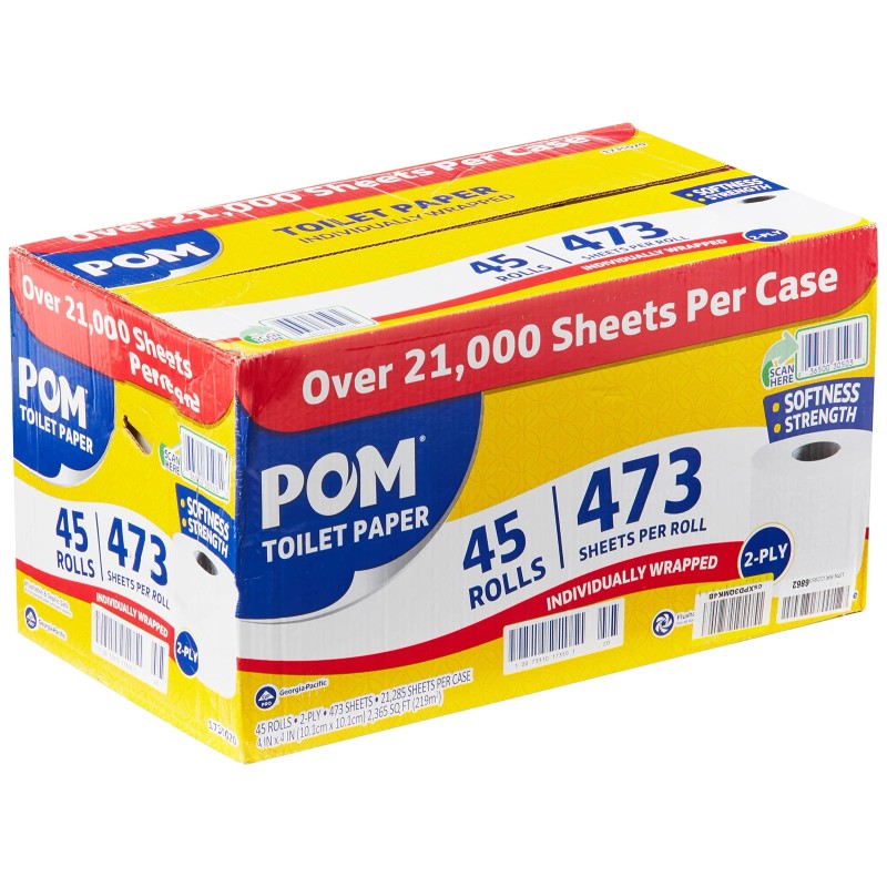POM Pom Embossed 2-ply Toilet Paper, White, 45 Rolls, 473