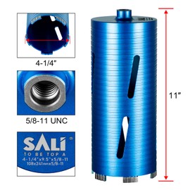 SALI Diamond Core Drill Bits 4 1/4" Diameter 10"/254mm Drilling Depth 5/8-11" Thread Core Bit Turbo Laser-Welded Segments for Cured Concrete with Brick, Block, Masonry with Two Adapters
