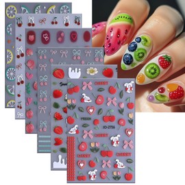 6 Sheets Fruit Nail Art Stickers 3D Self -Adhesive Cherry Strawberry Nail Decals Holographic Lemon Peach Nail Stickers Summer Cute Fruite Nail Decals Decoration for Women DIY Manicure Supplies