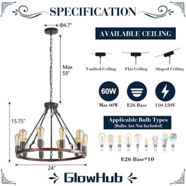 GlowHub Farmhouse Wagon Wheel Chandelier Black Round Chandelier 10 Lights for Dining Room 24” Rustic Iron Hanging Pendant Light for Bedroom Living Room Entry