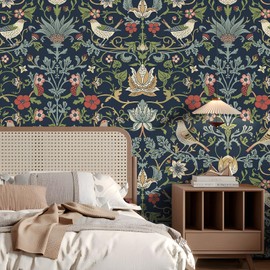 FunStick 17.5"x354" Dark Blue William Morris Wallpaper Vintage Antique Leaves Birds Floral Peel and Stick Wallpaper for Bedroom Kitchen Renter Friendly Flower Wall Paper Removable Blue Contact Paper
