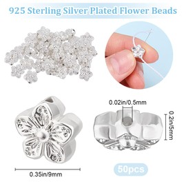 Beebeecraft 1 Box 50Pcs Silver Flower Beads Peach Blossom 925 Sterling Silver Plated 0.5mm Hole Floral Loose Spacer Bead for Jewelry Making Charms Bracelets Necklaces Earrings Supplies DIY Crafts