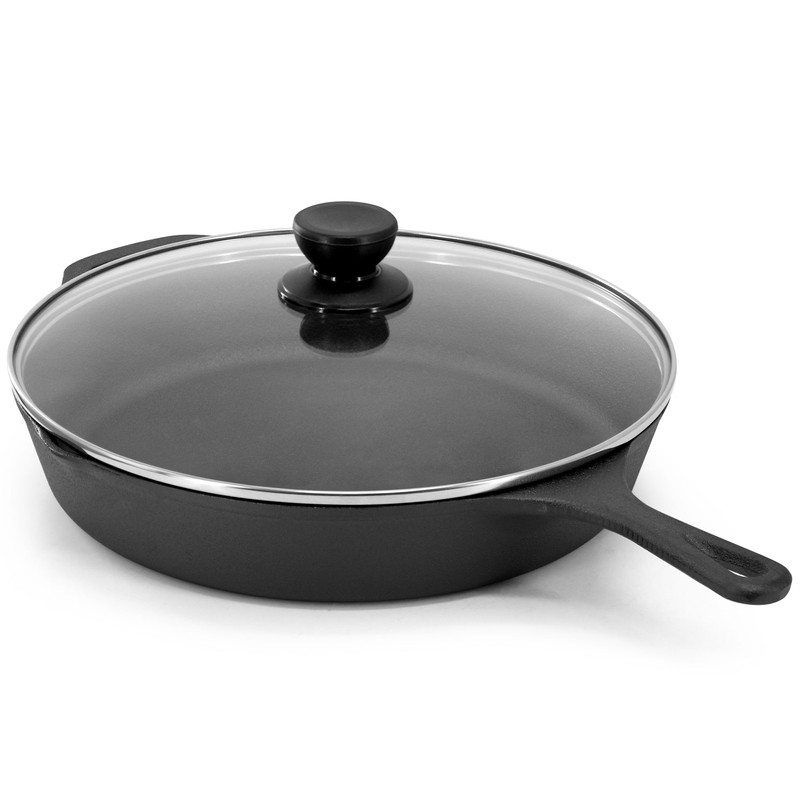Megachef 12 Inch Pre-Seasoned Cast Iron Skillet with Tempered Glass