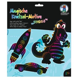 Ursus 24540002F Magic Scratch Motifs Boys Black with Rainbow Effect 6 Sheets 250 g/m² Includes 1 Bamboo Pen Sticker Eyes and Scratch Instructions Ideal as a Gift Colourful
