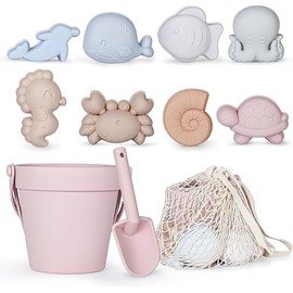 MarcZero 11Pcs Silicone Beach Toys,Modern Baby Beach Toys,Travel Friendly Beach Set,Silicone Bucket, Shovel, 8 Sand Molds, Beach Bag,Silicone Sand Toys for Toddlers, Kids (Pink)