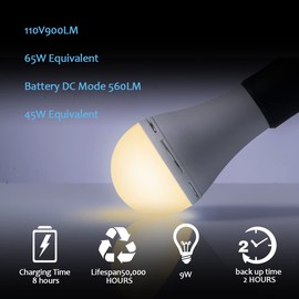 WAHADI 12 Pack A21 Rechargeable LED Bulbs 9W (60W Equivalent) Warm White 3000K E26 Screw Base Multi-Function Battery Backup Emergency Light for Power Outage Camping Outdoor Activity