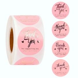 BUNCHBRAVO 500 Thank You Stickers Roll for Small Business - 4 Designs with Gold Foil, Appreciation Labels for Packaging, Gifts and Envelopes, Pink
