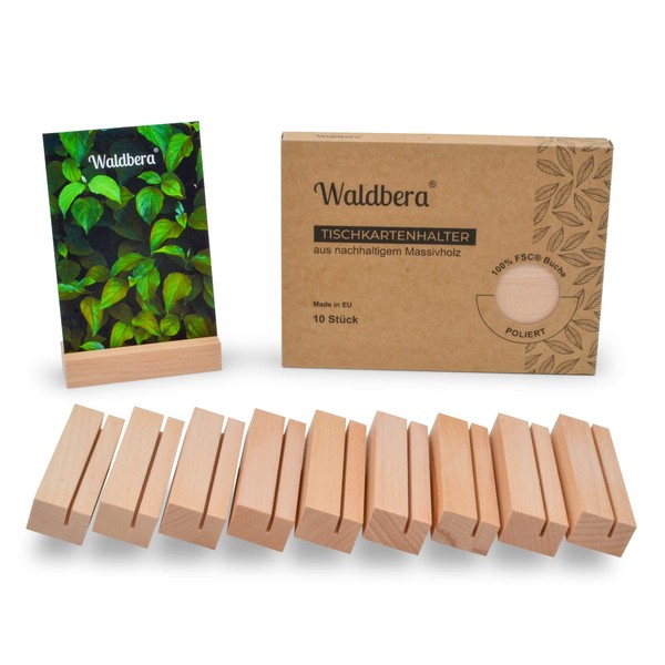 Waldbera Pack of 10 Place Card Holders Made of FSC® EU Beech Wood - Card Holder Wood as Card Stand, Photo Holder, Postcard Holder & Menu Card Holder - Wooden Stand Natural