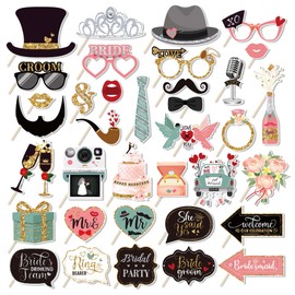 36 Pcs Wedding Photo Booth Props - DIY Wedding Theme Selfie Props, Including Mr & Mrs Signs, Heart Shapes, Ring Designs, and Romantic Phrases, Perfect for Wedding Party Decorations, Bridal Showers