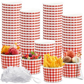Tessco 100 Pack 12oz Ice Cream Cups Gingham Snack Bowls Black and White Party Supplies Black and White Plates Black and White Gingham Bowls for Hot Soup Snacks Fruits(Red)