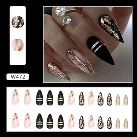 Press on Nails Pointed Medium Length, 24Pcs Full Cover Reusable Glossy False Nails Kit, Artificial Fingernails Acrylic Fake Nails for Women, Stick on Nails with Designs, Glue on Nails Almond Shape