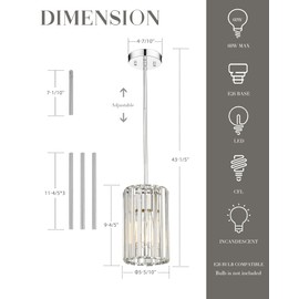 Cargifak Polished Chrome Crystal Pendant Light, Modern Hanging Light Fixture, Mini Chandelier for Kitchen Dinning Room Bedroom, CKPL5510-1P-PC