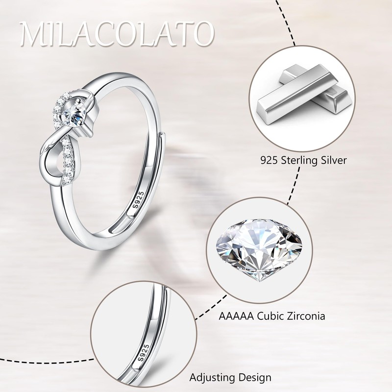 MILACOLATO Silver Rings for Women,925 Sterling Silver Infinity Ring with