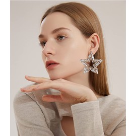 Exaggerated Star Stud Earrings for Women Colorful Rhinestone CZ Lucky Stars Big Statement Earrings Studs Bohemian Personality Jewelry Gifts BFF Wedding (White)
