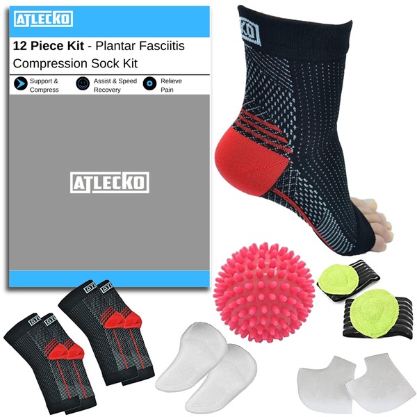 Atlecko 12 Pieces Plantar Fasciitis Socks Set 2 Pairs and Accessories Compression Foot Sleeves Arthritis Pain Relief Ankle Brace for Men and Women (L/XL)