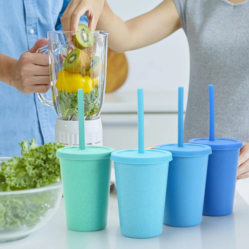 Mfacoy 4 Pack Wheat Straw Cups with Lid and Straws
