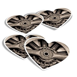 Vinyl Heart Stickers (Set of 4) - Vintage Aircraft Engine & Propeller Plane Fun Decals for Laptops,Tablets,Luggage,Scrap Booking,Fridges #46395