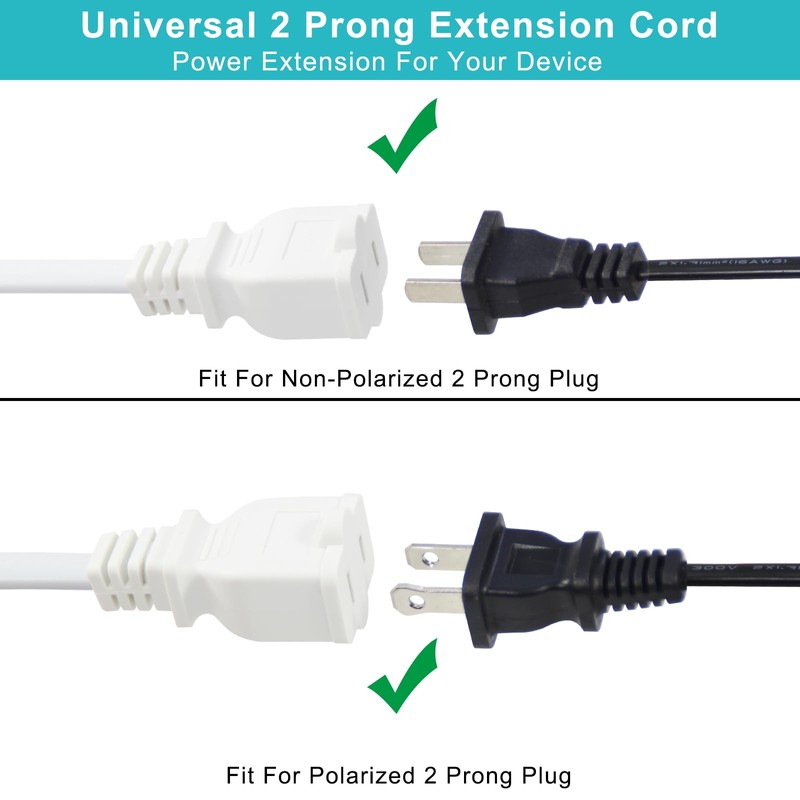 2FT Polarized 2Prong Extension Cord - White Replacement US AC