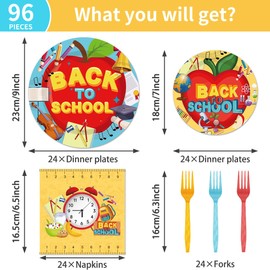 EUOYUFO 96 Pcs Back to School Decoration Disposable Tableware Set - Cartoon Back to School Apples Pencils Clock Paper Plates Napkins Forks First Day of School Theme Party Supplies Serve 24 Guests