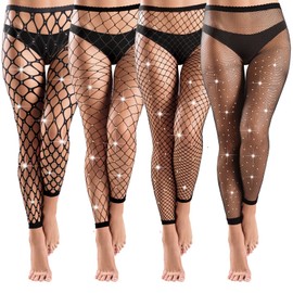 Bencailor 4 Pcs Rhinestone Leggings Fish Net Tights Women, High Waist Leggings Mesh Thigh High Stockings Pantyhose(Nylon,Classic Style)