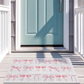 SNNDER Pink Coquette Bow Door Mat, Coquette Preppy Pink Welcome Mats Doormat for Front Door Porch Indoor Outdoor Outside Entrance, Bow Bath Mats for Bathroom, 17x30 Inch
