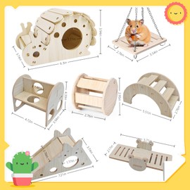 7pcs Hamster Toys Wooden Cage Accessories Include Snail House, Bell Toy, Seesaw Bridge, Slide House, Bridge,Dodge Toy, Swing and Exercise Toys for Hamster, Guinea Pig and Other Small Animals