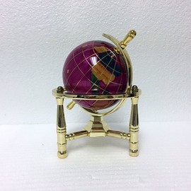 Unique Art 6" Tall Pink Pearl Swirll Tripod Gold Leg Table Stand World Map Gemstone Globe