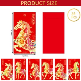 36 Pcs Chinese New Year Red Envelopes, Red Packets Lunar Year of the Horse 2026, Embossed Bronzing Foil Money Envelopes for Cash Gifts New Year Decorations, 6 Patterns (B)