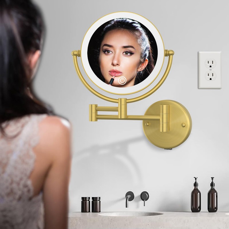 Rechargeable Wall Mounted Lighted Makeup Mirror with Magnification Gold, 8