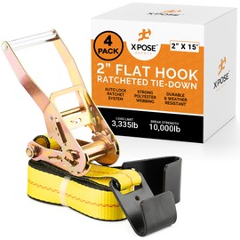 Ratchet Straps Heavy Duty - 2 Inch x 15 Foot Tie Down Straps Ratchet Operated with Flat Hooks - Ratcheting Moving Straps for Truck Bed and Car Cargo - Kayak and Motorcycle Tie Down Straps 4 Pack