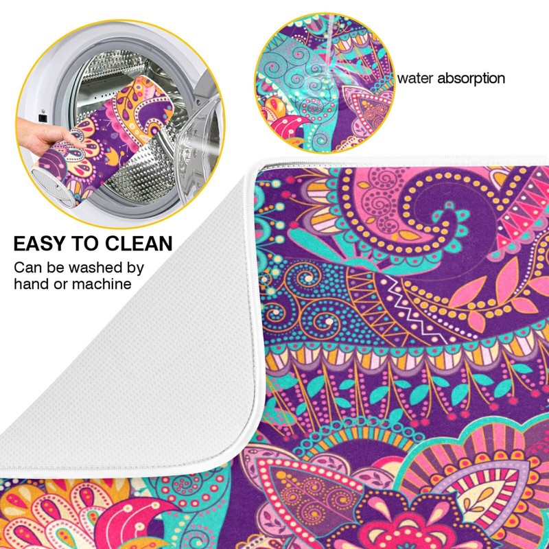 Kcldeci Indian Bohemian Mandala Dish Drying Mat Absorbent Reversible Microfiber
