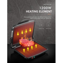 Panini Press Grill, Yabano Gourmet Sandwich Maker Non-Stick Coated Plates 11" x 9.8", Opens 180 Degrees to Fit Any Type or Size of Food, Stainless Steel Surface and Removable Drip Tray, 4 Slice