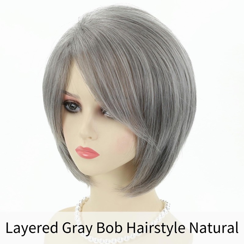 RENERSHOW Layered Bob Short Gray Wigs for Women Mixed Gray