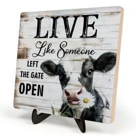 Rustic Farmhouse wooden sign, Office&Home Desk Decor -Live like someone left the gate, Country Western Horse Desk Decor, Inspirational Wood Sign with Stand 5.9x5.9 Inch (COW)