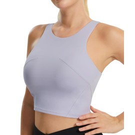 Women Sports Bra- High Crew Neck Workout Tops Running Gym Casual Tank top with Built-in Bra Misty Lilac