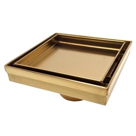 SereneDrains 304 Stainless Steel Tile in Square Brushed Gold Shower Drain Kit Hair Catcher Strainer Grate Brass Cover Bathroom Floor Insert (Matte Gold, 5 Inch)
